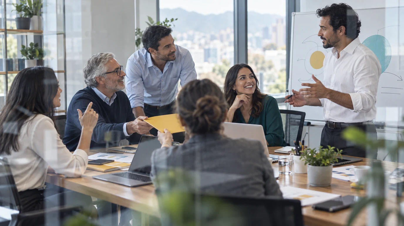 Equipo de profesionales conversa alrededor de una mesa de trabajo.